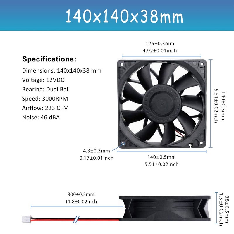 GDSTIME 140mm High Static Pressure Cooling Fan 2-Pin 140x140x38mm DC 12V Ball Bearing for Radiator Heatsink - Image 2